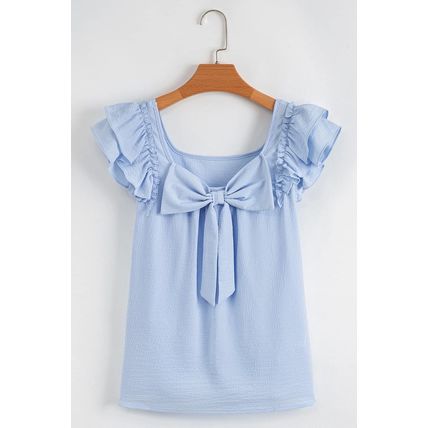 Beau Blue Textured Bow Knot Frilled Butterfly Sleeve Blouse