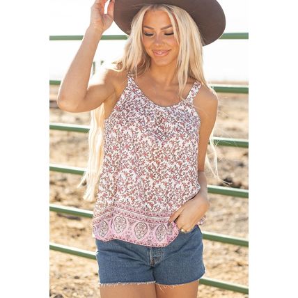 Pink Bohemian Floral Pleated U Neck Vest