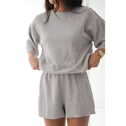 Gray Solid Color Loose Tee 2 Piece Shorts Set