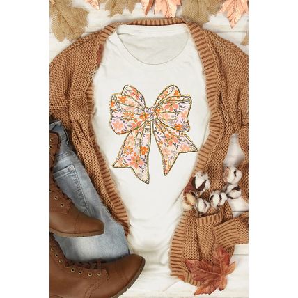 White Glitter Trim Floral Bow Print Cotton Blend T Shirt