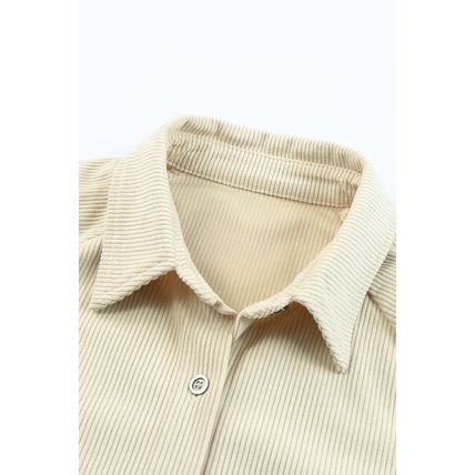Beige Corduroy Shirt Style Full Button Long Sleeve Shift Mini Dress