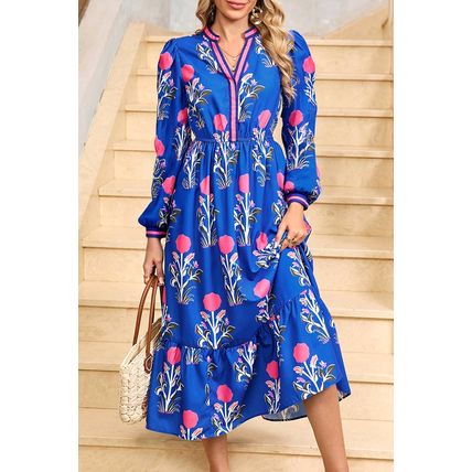 Blue Floral Print Striped Trim Split Neck Long Sleeve Ruffle Hem Midi Dress