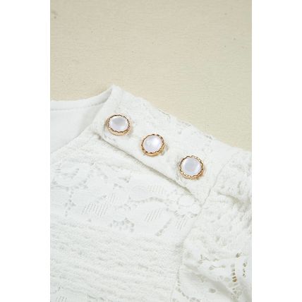 White Lace Crochet Round Neck Puff Sleeve Shift Mini Dress