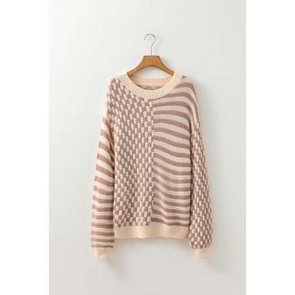 Khaki Stripe Checkerboard Drop Shoulder Balloon Sleeve Sweater