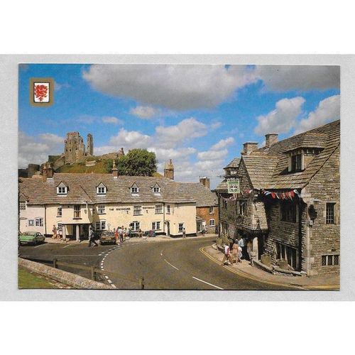 Dorset Corfe village with Inns, classic cars, castle - animated postcard