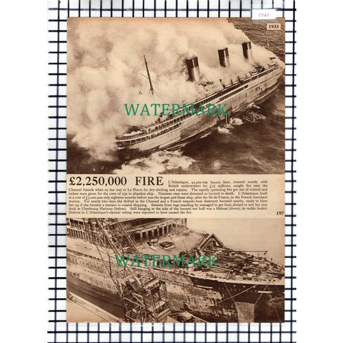 (7747) L'Atlantique Ship Fire Cherbourg Harbour - c.1939 Cutting