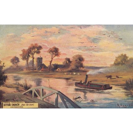 Ditton Church From The River Antique Cambridge Oilette Sunset Painting Postcard