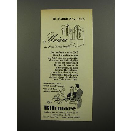 1953 The Biltmore Hotel Ad - As Unique as New York itself