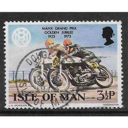 ISLE OF MAN 1973 3 1/2p GOLDEN JUBILEE OFTHE MANX GRAND PRIX SG40 FINE USED#2