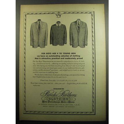 1957 Brooks Brothers Clothing Ad - For Boys age 4 to Young Men