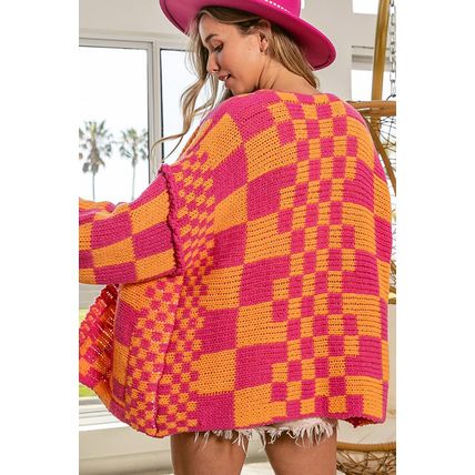 Multicolor Open Front Mixed Checkered Pattern Knit Cardigan