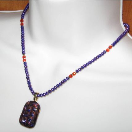 Dichroice Fused Glass Pendant & Glass Bead Handmade Necklace, orange / purple