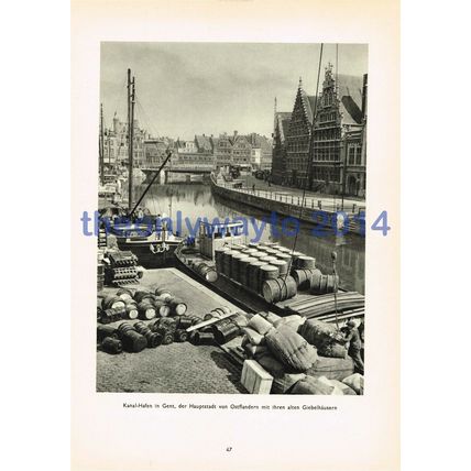 Gent, Canal Harbour with Old Gabled Houses, Belgium, Photogravure Illustrationat