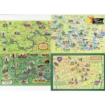 Thames London River & Oxford 4x Map Cartography Postcard s