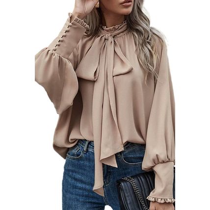 Khaki Frilled Knotted Mock Neck Bishop Sleeve Blouse