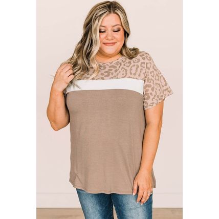 Khaki Leopard Yoke Color Block Plus Size Top