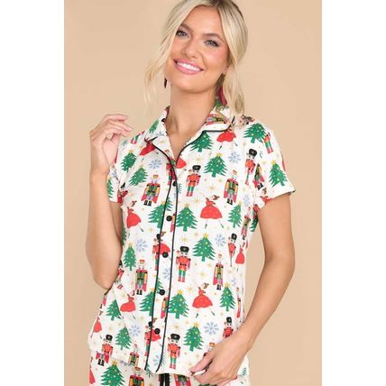 White Printed Christmas Pattern Buttoned Two Piece Sleepwear