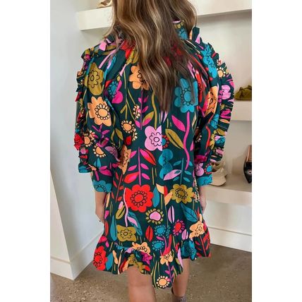 Green Floral Print Puff Sleeve Ruffled Mini Dress
