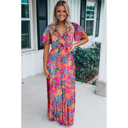 Rose Wrap V Neck Floral Maxi Dress