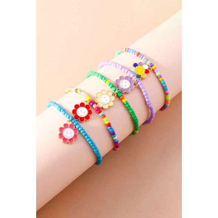 Light Blue 5pcs Smiley Flower Pendant Beaded Bracelet Set