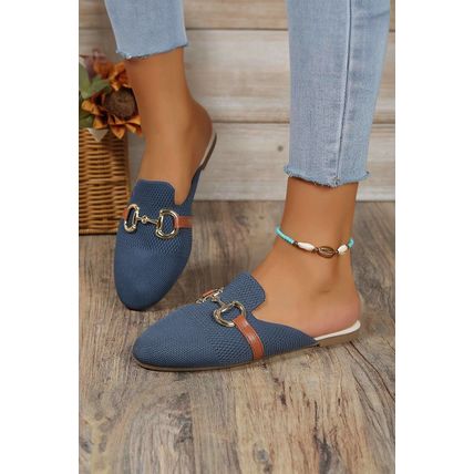 Sky Blue Leather Strap Buckle Decor Slip On Flats