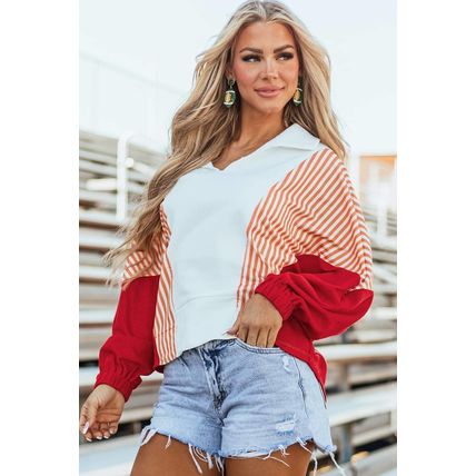 White Striped Color Block Collared V Neck Oversized Sweatshirt