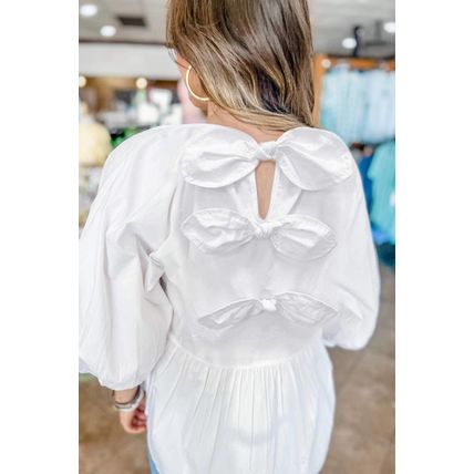 White Bow Knot Cutout Back Loose Fit 3/4 Sleeve Blouse
