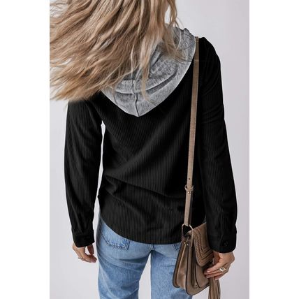 Black Hooded Drawstring Pockets Corduroy Shacket
