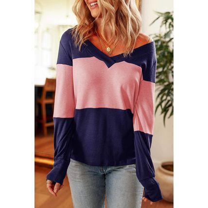 Blue Stripe Colorblock Button Decor Long Sleeve V Neck Top