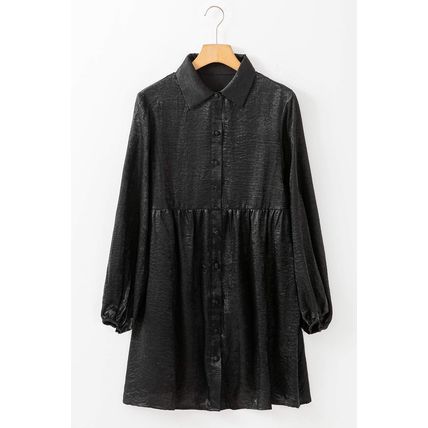 Black Metallic Sheen Puff Sleeve Button Up Mini Shirt Dress