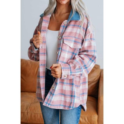 Pink Plaid Print Color Block Collared Flap Pockets Loose Shacket
