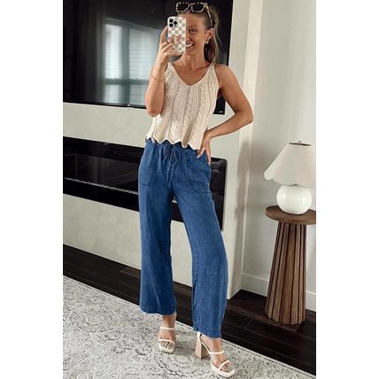 Sail Blue Mineral Wash Drawstring Waist Loose Straight Denim Pants