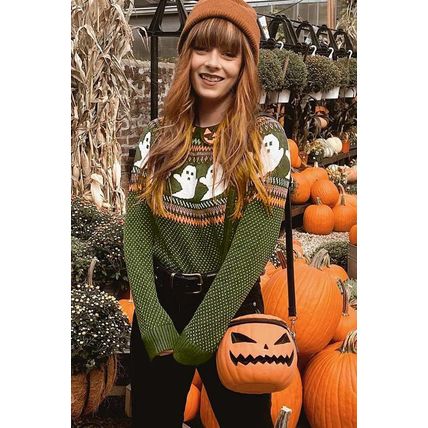 Jungle Green Halloween Ghost Pattern Drop Shoulder Sweater