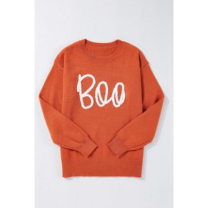 Orange Boo Knitted Pattern Ribbed Edge Drop Shoulder Sweater