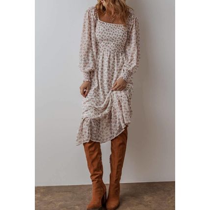 White Floral Print Shirred Ruffled Hem Square Neck Midi Dress