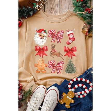 Khaki Christmas Pattern Graphic Crew Neck Sweatshirt