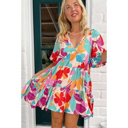 Rose Red Floral Bubble Sleeve V Neck Tiered Ruffle Babydoll Dress