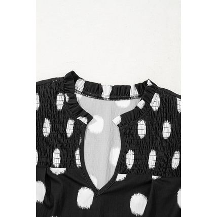Black Polka Dot Print Shirred Yoke Notched Neck Balloon Sleeve Blouse
