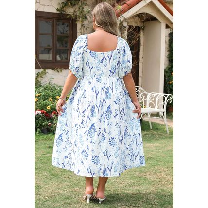 Sky Blue Floral Print Sweetheart Neck Plus Size Midi Dress