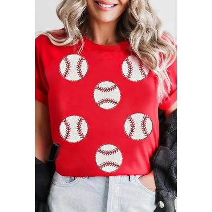 Red Glittering Rugby Pattern Crew Neck Game Day T Shirt