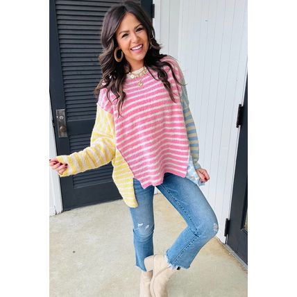 Multicolour Color Block Striped Patchwork Dolman Sleeve Slit Sweater