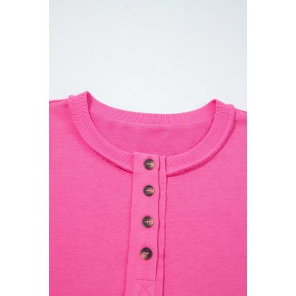 Bright Pink Raw Edge Half Buttons Pullover and Jogger Pants Set