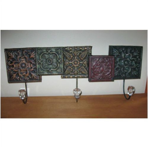 Decorative Painted & Embossed Metal Clothes Hook - 3 Clear Hooks