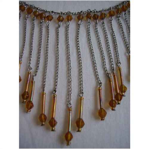 Vintage Necklace Amber Glass Beaded Tassel Fringed Bib