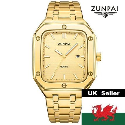 Gents Large Heavy Square Gold Face Date Gold Stainless Steel Bracelet Watch Boxd