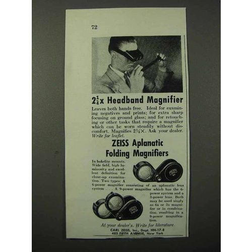 1943 Zeiss Headband Magnifier, Aplanatic Magnifiers Ad