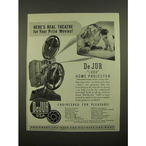 1947 DeJur 1000 Home Projector Ad - Here's Real Theatre