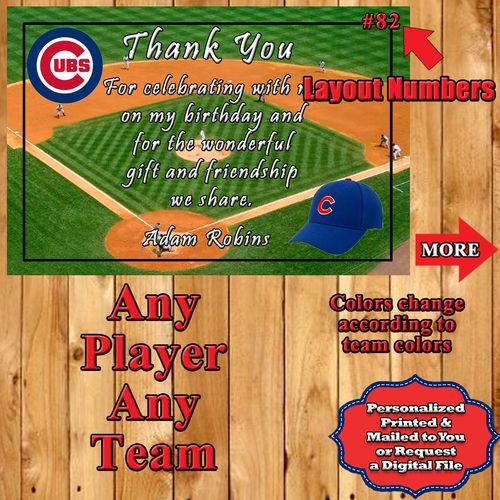 Baseball MLB Birthday Thank You Cards 10 ea Personalized ANY Team ANY Player