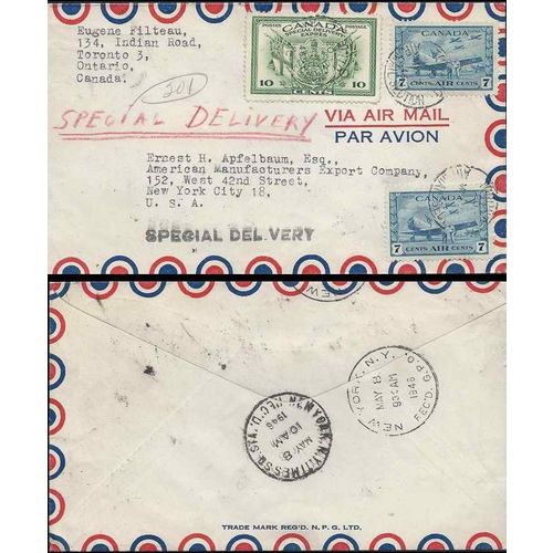 Canada War Issue 1946 Special Delivery Air Mail 34 Cent Rate Toronto ONT to USA