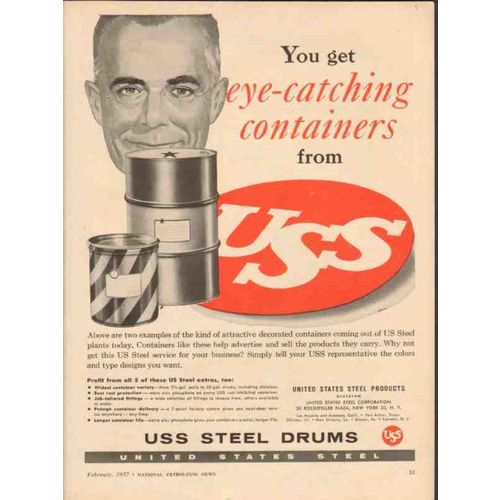 UNITED STATES STEEL CORP 1957 eye-catching containers drums vintage ad